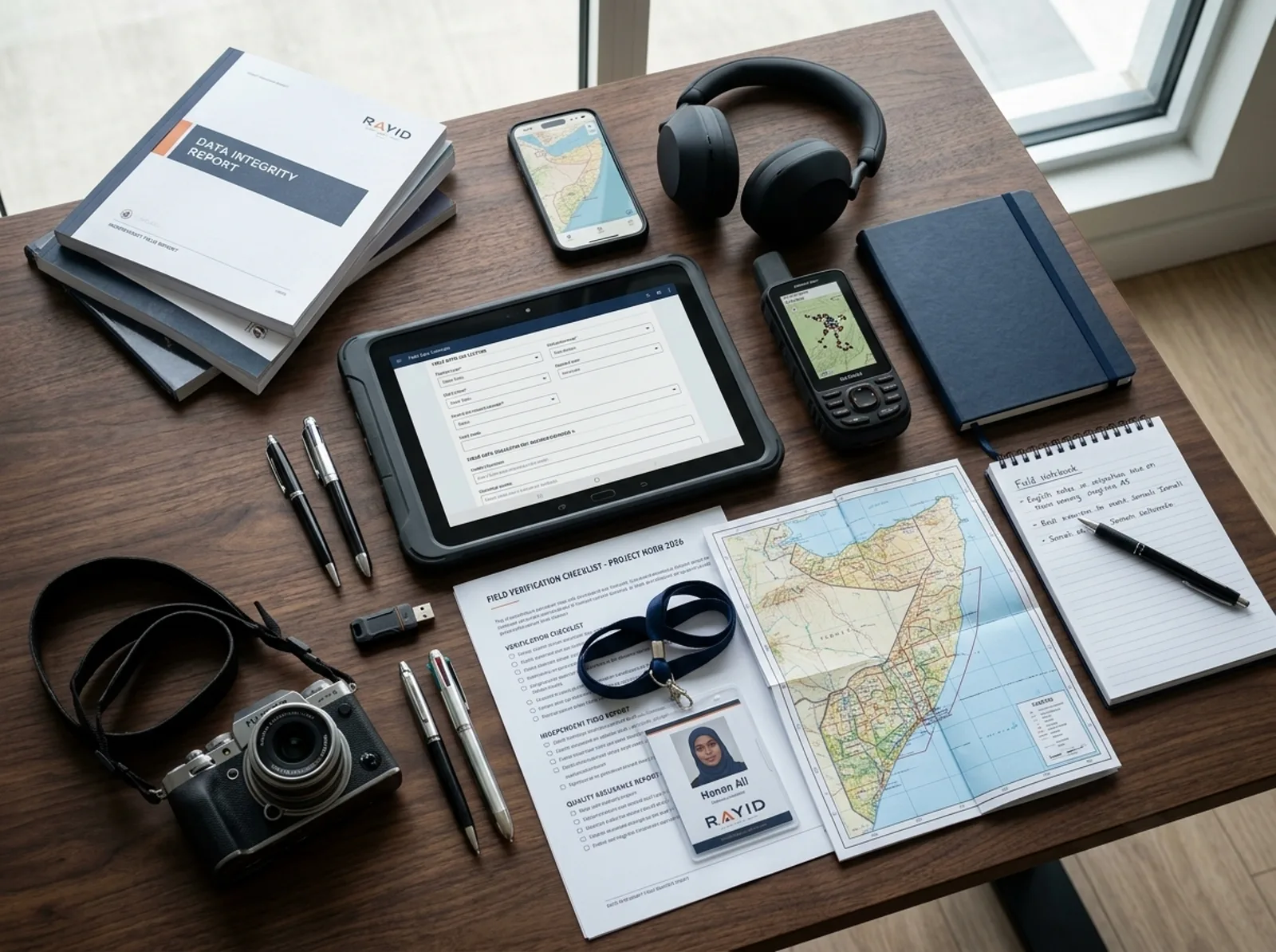Field verification kit: rugged tablet, GPS device, notebook, camera, data integrity report, and RAYID staff identification